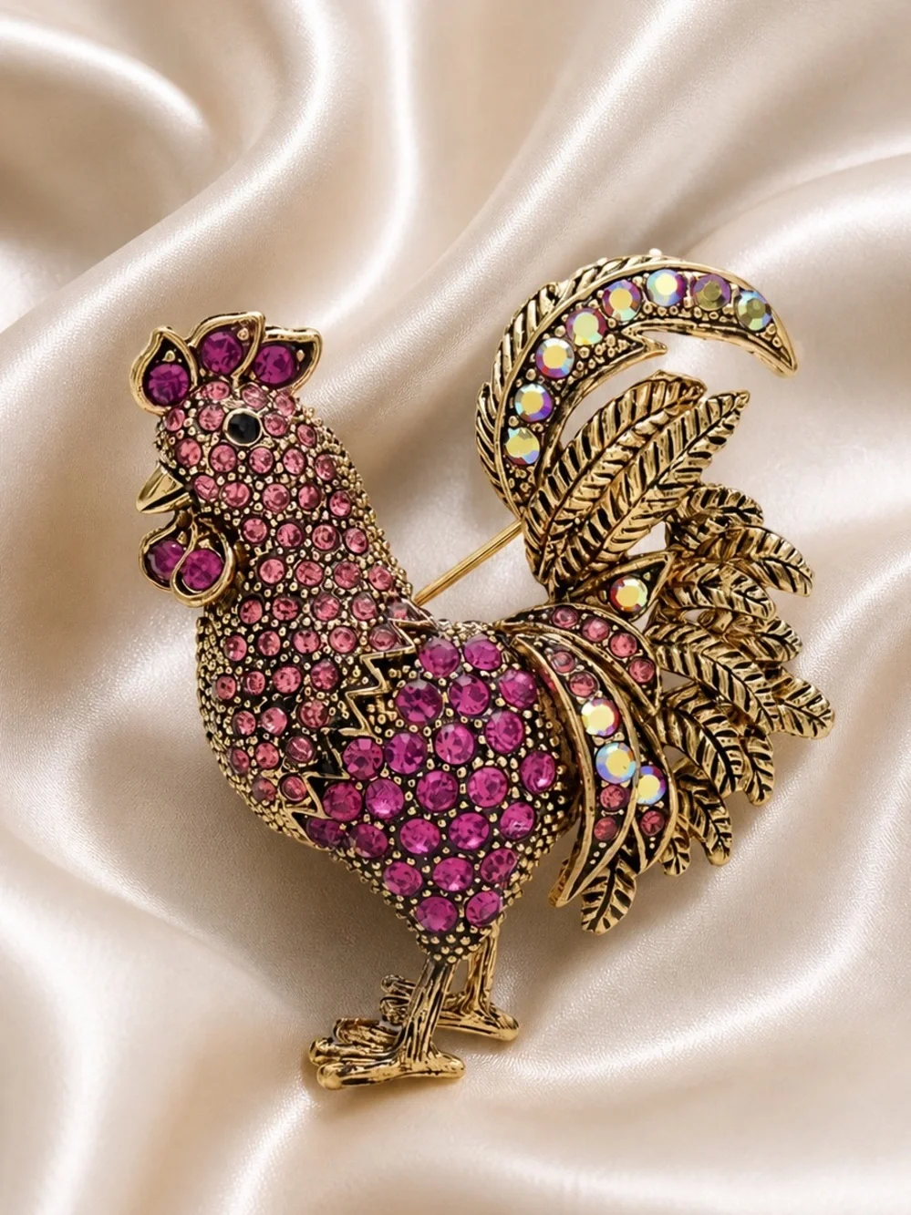 Anthropologie Gold-Tone Rooster Brooch with Hot Pink Crystals